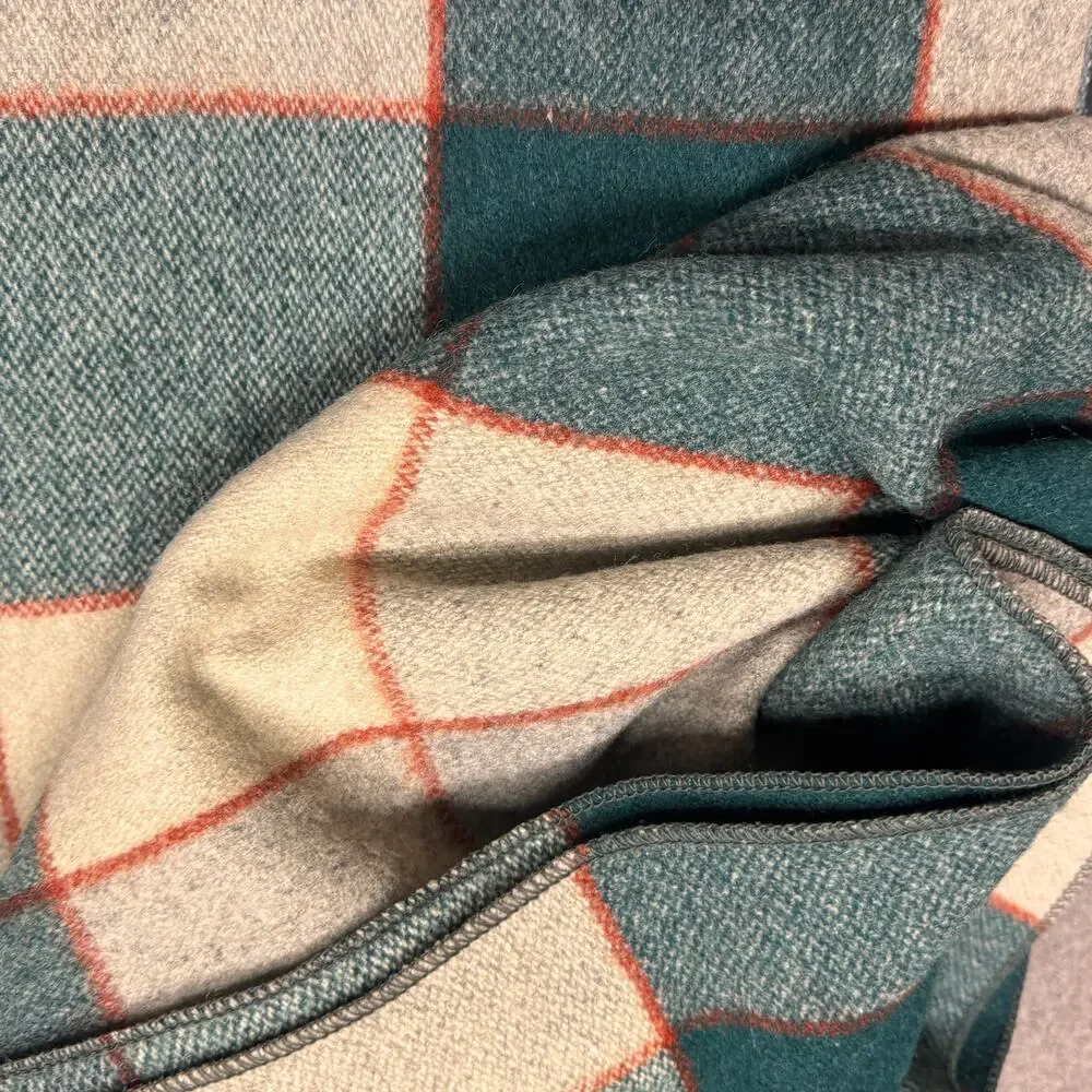 Vintage Wool Plaid Green Cream Orange Blanket Twin Bound Edges 84”x62”